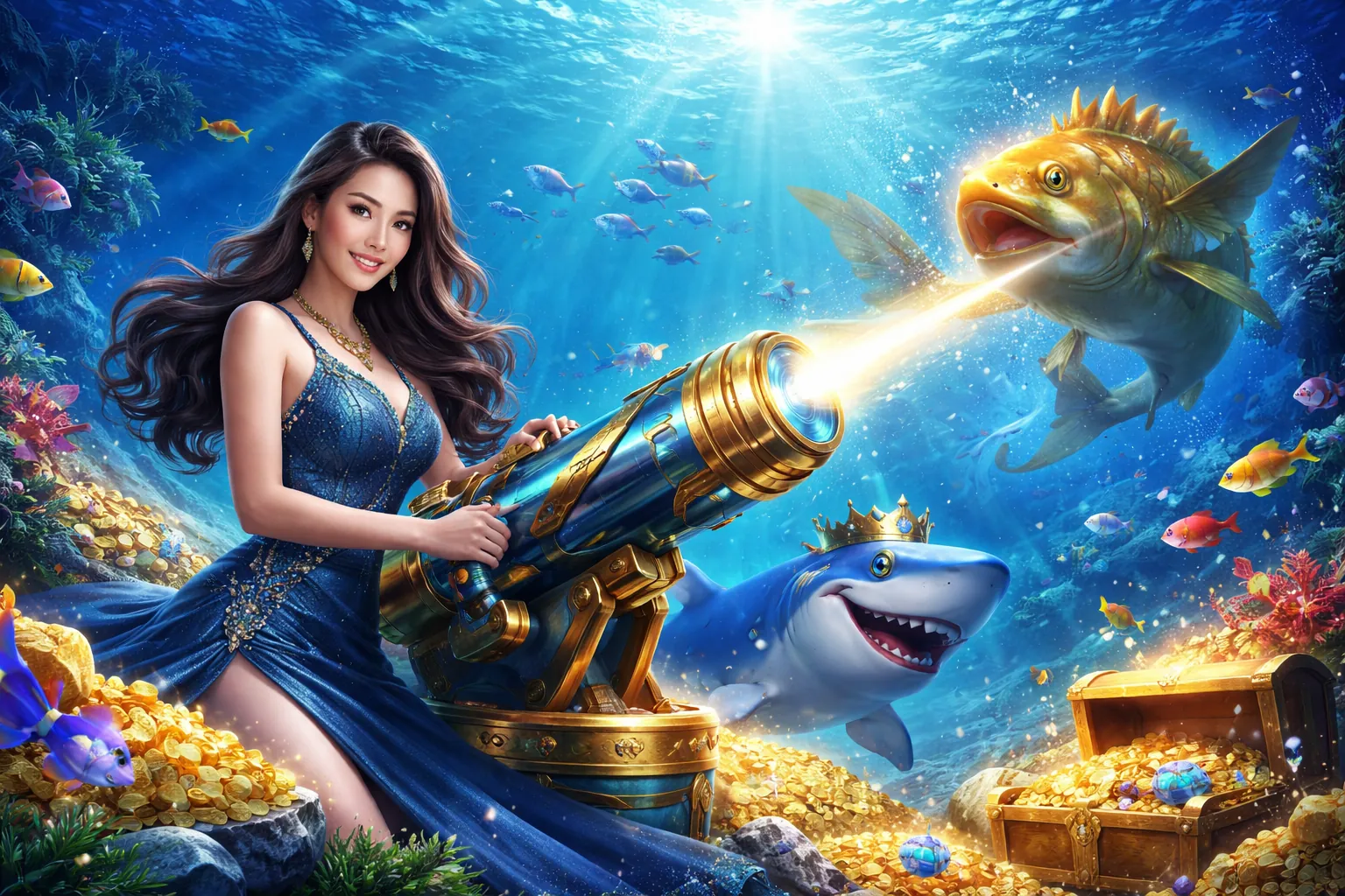 Hình ảnh banner trò chơi bắn cá f88beta với đồ họa sống động và cá vàng